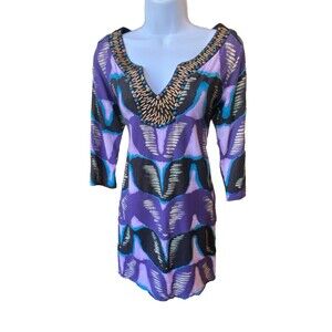 Joyous & Free Tunic Dress Size M Purple Beaded Resort Cover Up Vacay Quiet Lux